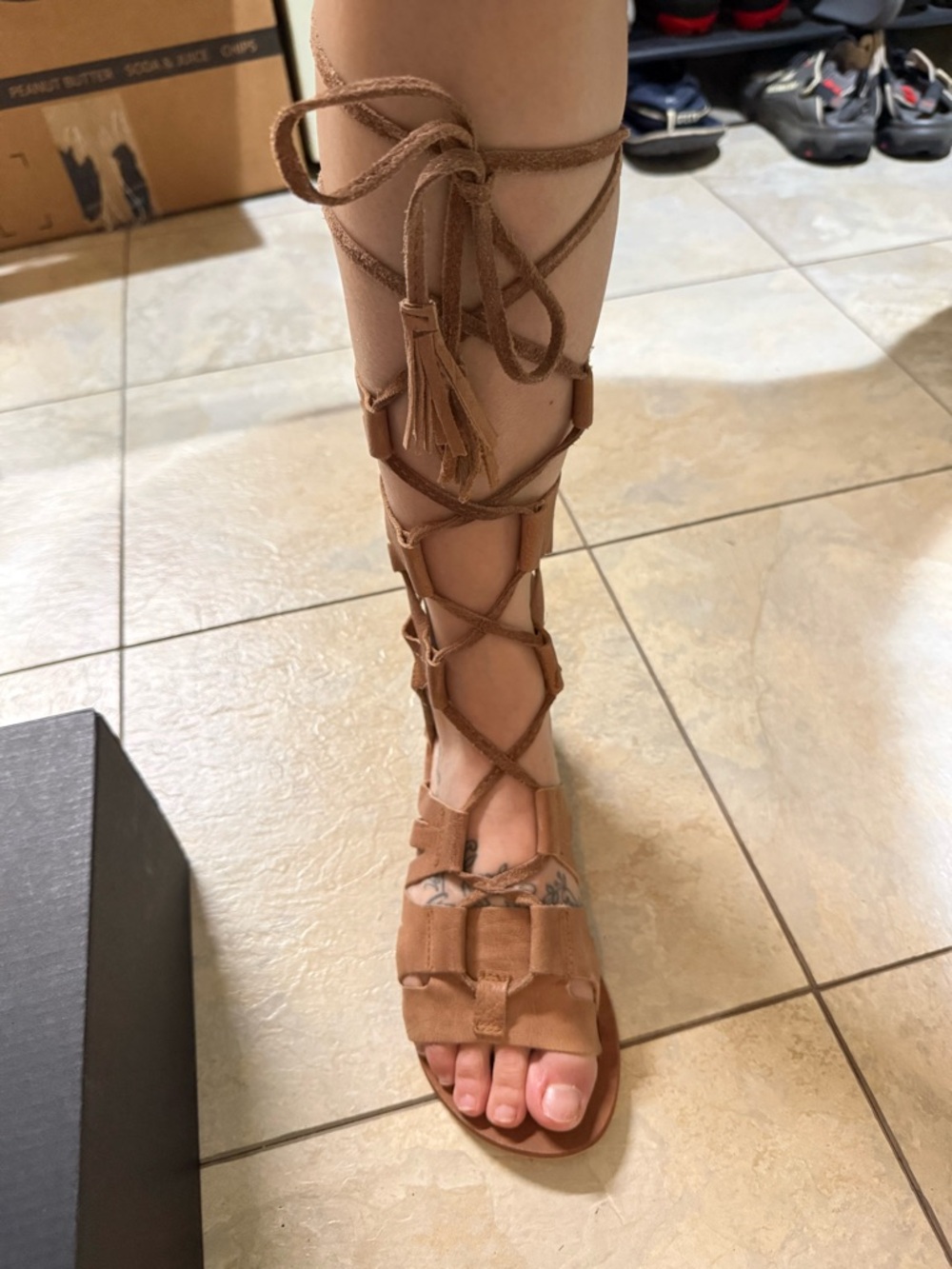 Free People Tan Lace-Up Gladiator Sandals with Tassel Ties
